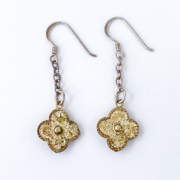 Vintage Sterling Silver 925 Gold Tone Clover Dangle Earrings - Picture 5 of 8